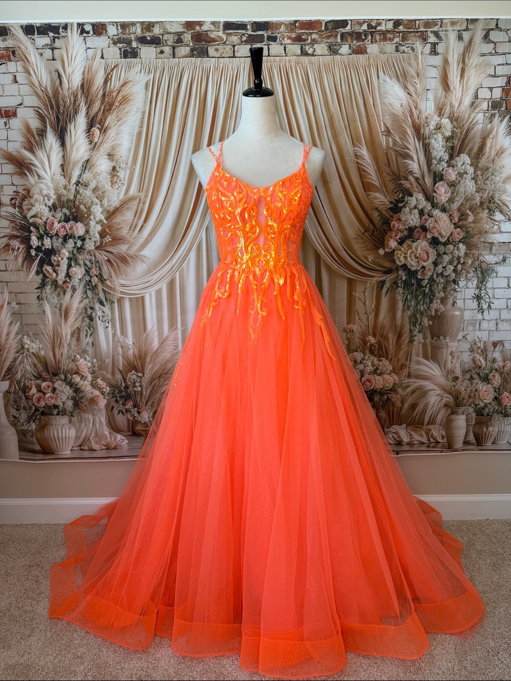 Neon Orange Beaded Sparkle Tulle Prom Dress with Spaghetti Straps